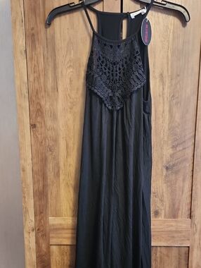 Bluetime Crochet Yoke Black Midi Dress
